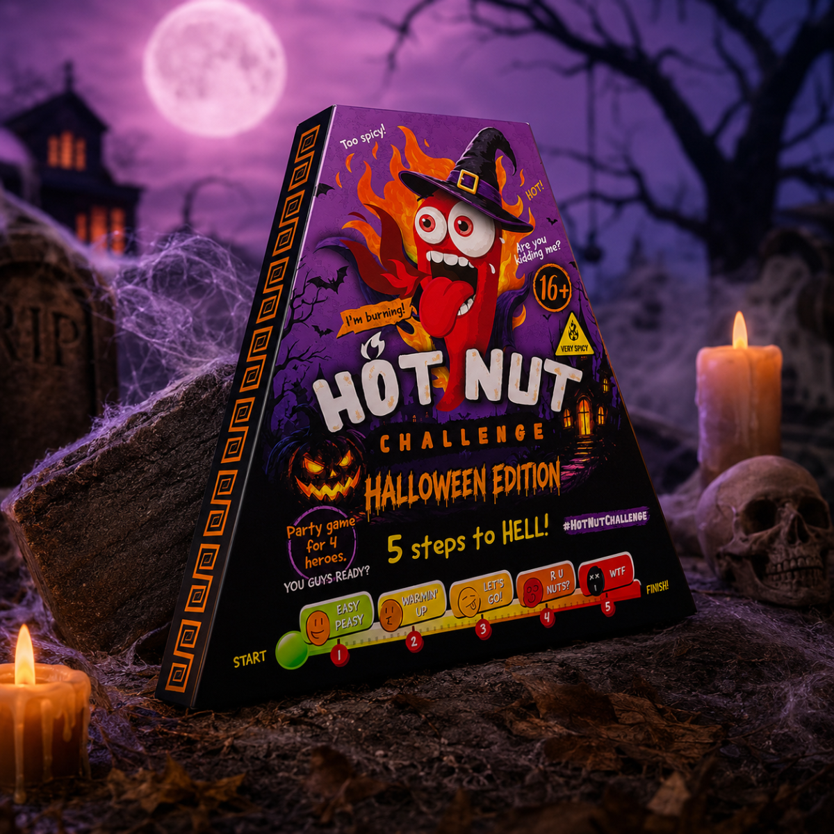 Kutija igre Hot Nut Challenge Halloween Edition, plamene ilustracije i lik u šeširu