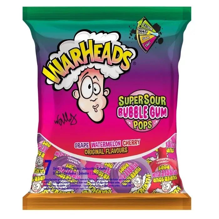 Warheads Super Sour Bubble Gum Pops Saveurs Assorties 105g OhMyCandyBox
